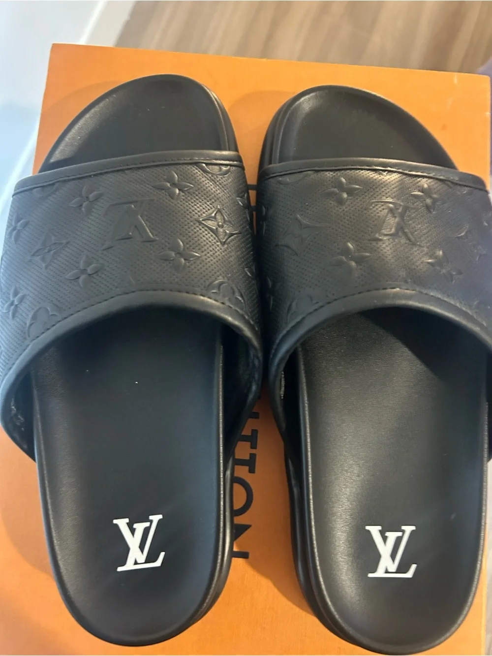 Louis Vuitton Black Embossed Monogram Slide Sandals